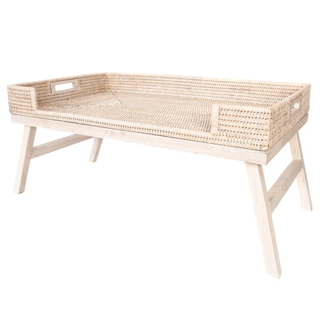 Artifacts Rattan Breakfast Tray Table in White Wash with Glass For Sale - Image 4 of 4