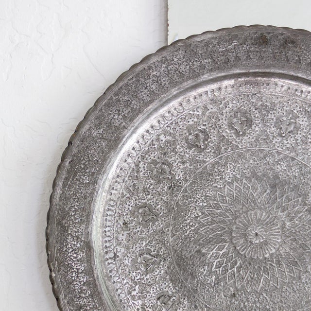 Metal Tin on Copper Hand Engraved Round Ghalamzani Persian Tray For Sale - Image 7 of 11