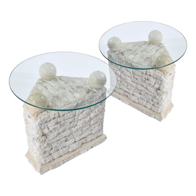 Postmodern Pair of Tessellated Mactan Stone Side Tables With New Round Glass Tops For Sale - Image 3 of 13