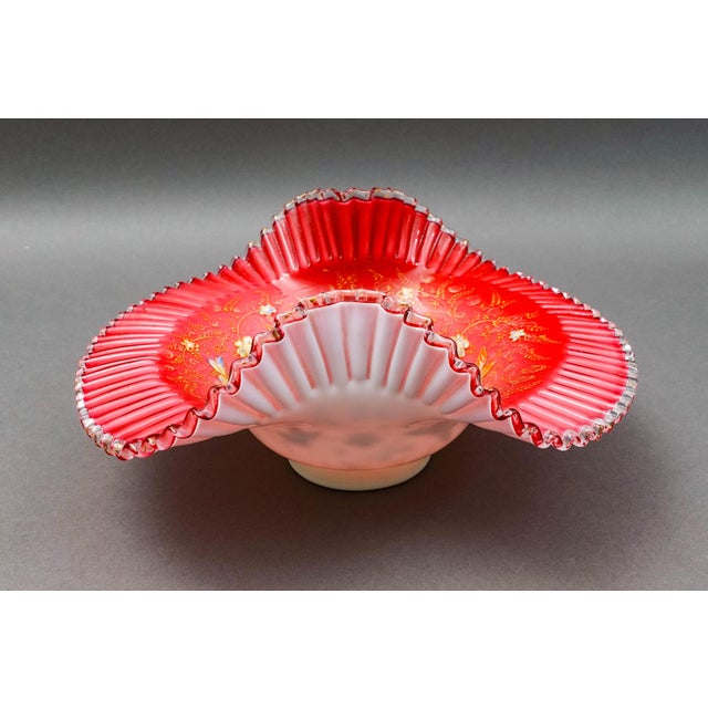 Early 18th Century Victorian Hand Painted Butterflies Ruffled Edge Glass Brides Basket Bowl For Sale - Image 4 of 7