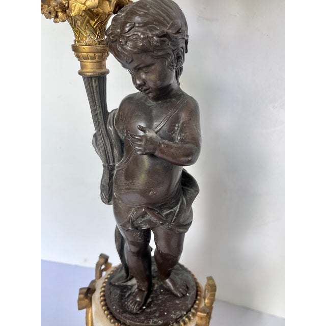19th Century French Louis XVI Style Figural Bronze and Marble Candelabra - A Pair For Sale - Image 9 of 18