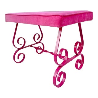 Hollywood Regency Bright Pink Iron Scroll Bench Stool For Sale