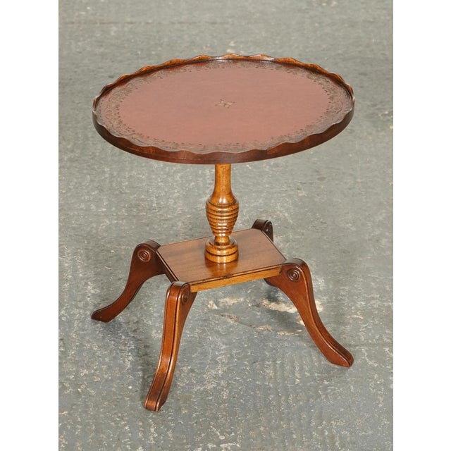 Vintage Yew Wood Burgundy Leather Top Side Table with Pie Crust For Sale - Image 6 of 11