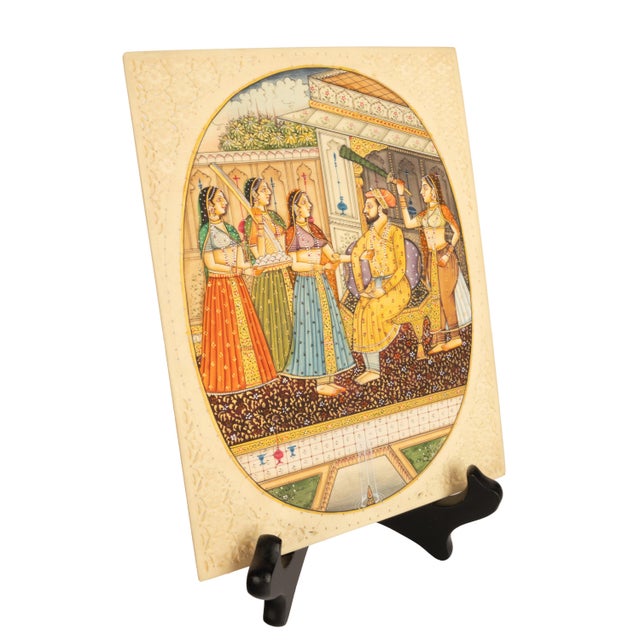 Indian Antique Indian Mughal Miniature Royal Court Women Shah Watercolor Painting 1900 For Sale - Image 3 of 11