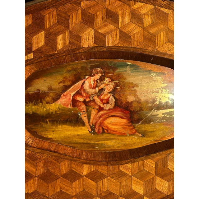 Italian Parquetry Inlaid Tray Table With Painted Figural Panel and Removable Glass Top Late 19th Century For Sale - Image 9 of 9