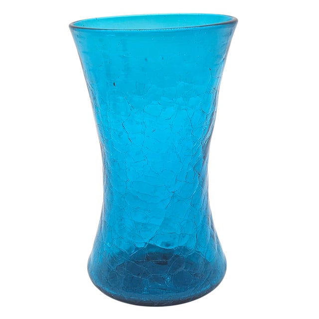 Mid-Century Modern MCM Blenko Wayne Husted 5519-S Teal Blue Crackle Sheaf Vase 9" For Sale - Image 3 of 10