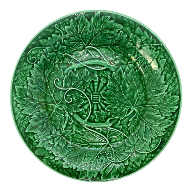 Wedgwood Majolica Green Glazed Basket Weave Plate, English, Dated 1885 For Sale