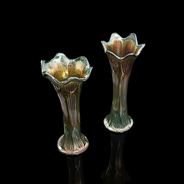 Glass Circa 1930 Vintage English Carnival Glass Decorative Flower Vases - A Pair For Sale - Image 7 of 13