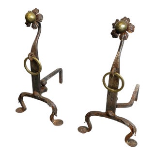 Vintage Brass Hammered Flower Fireplace Andirons For Sale