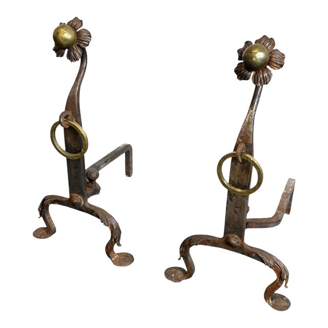 Vintage Brass Hammered Flower Fireplace Andirons For Sale