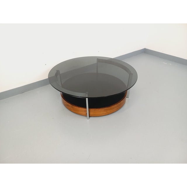 Vintage Italian Round Coffee Table in Teak, Chrome Metal and Smoked Glass, 1960s For Sale - Image 15 of 18