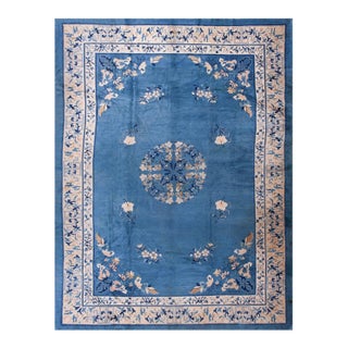 Astonishing Royal Blue Background Color With Pretty Floral-Medallion Design Antique Chinese Rug For Sale