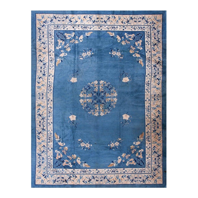 Astonishing Royal Blue Background Color With Pretty Floral-Medallion Design Antique Chinese Rug For Sale
