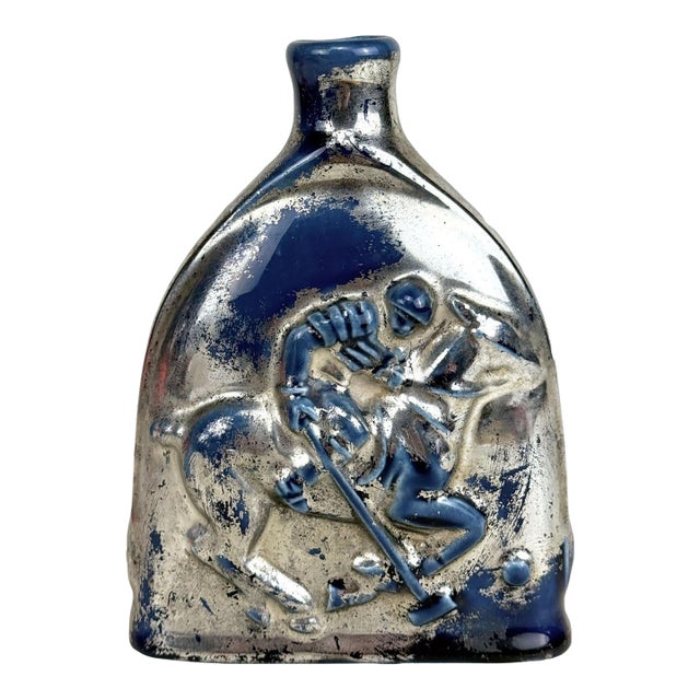 Vintage Traditional Polo Equestrian Blue & Silver Pottery Flask Vase For Sale