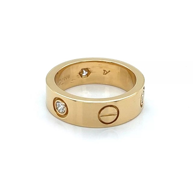 Late 20th Century Cartier Love 18k Yellow Gold 3 Diamond Band Ring W/Cert - Size 5 For Sale - Image 5 of 6