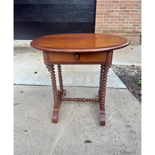 Antique Walnut Wood Spindle Leg Side Table Pass Through Drawer For Sale - Image 4 of 7