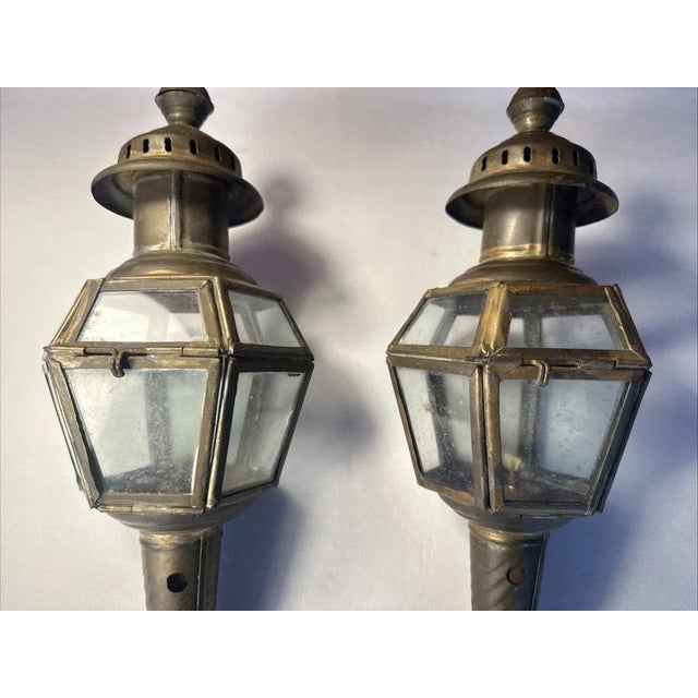 Antique Brass Carriage Buggy Oil Lamps Set of 2 – Vintage Decorative Lanterns For Sale - Image 9 of 12