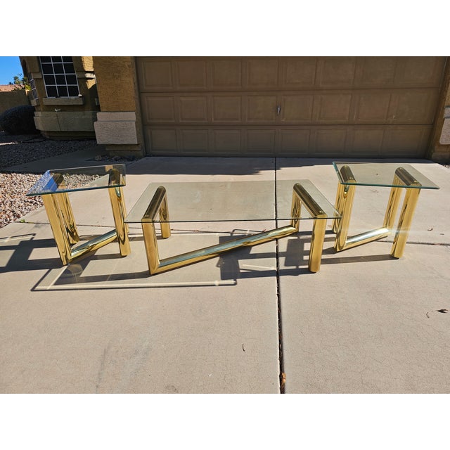 Contemporary 1970s Karl Springer Style Brass Tubular Z Shaped Coffee Table and Matching End Tables - 3 Piece Set For Sale - Image 3 of 3