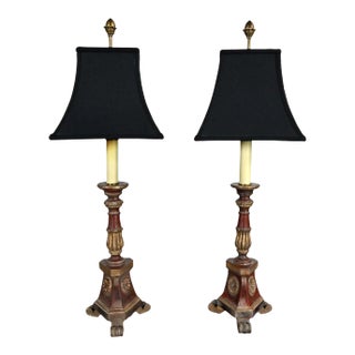 Late 20th Century Regency Style Chapman Pair Painted & Gilt Carved Wood Candlestick Lamps Black Shades For Sale
