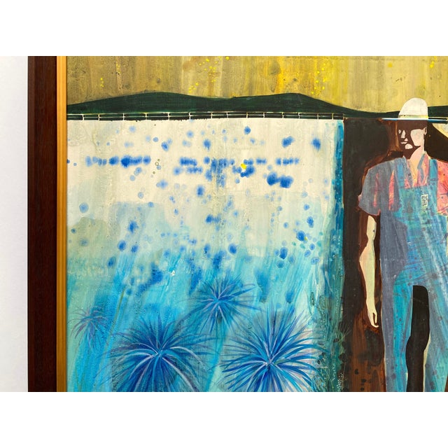 Wood Paul Bowen Vintage 1990's Provincetown Modernist " Untitled Blue Trees " Original Signed Framed Mixed Media Painting For Sale - Image 7 of 18