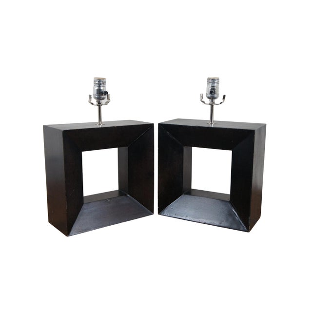 Mid-Century Modern Mid-Century Modern Pierced Square Geometric Cubed Wood Table Lamps - Set of 2 For Sale - Image 3 of 10