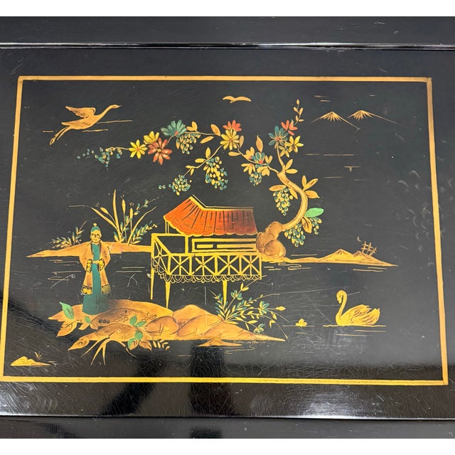 Wood Chinoiserie Chinese Black Lacquered Hand Painted Coffee Table For Sale - Image 7 of 9