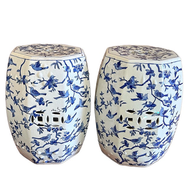 Chinoiserie Chinoiserie Blue and White Petite Birds Porcelain Garden Stools - A Pair For Sale - Image 3 of 8