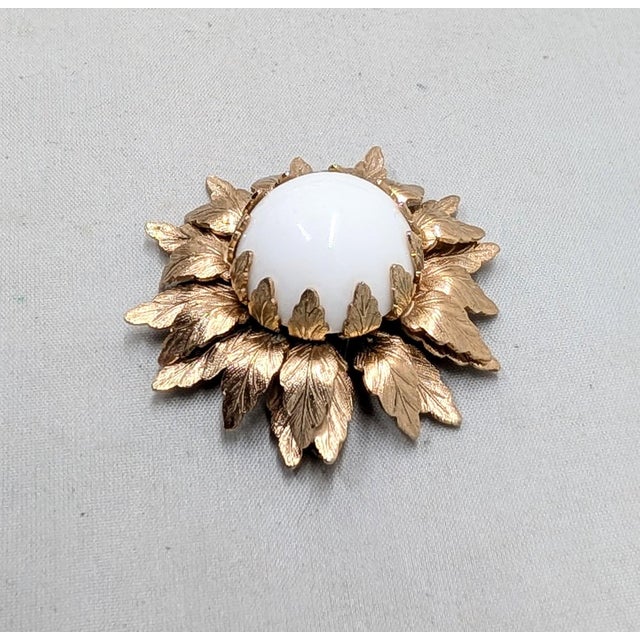 Napier Vintage 1960s Signed Napier Goldtone White Rhinestone Cabochon Flower Brooch For Sale - Image 4 of 6