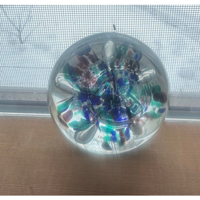 Handblown Art Glass Paperweight – Blue, Teal & Mauve For Sale - Image 4 of 4