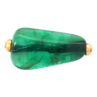 15.20 CTW Mid-Century Style Diamond & Cabochon Emerald 18k Yellow Gold Ring, Size 6 For Sale