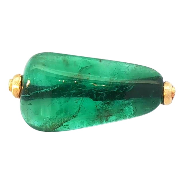 15.20 CTW Mid-Century Style Diamond & Cabochon Emerald 18k Yellow Gold Ring, Size 6 For Sale