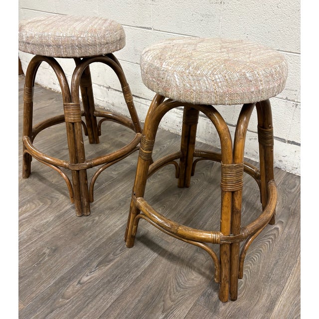 Late 20th Century Vintage Rattan and Bentwood Backless Swivel Bar Stools - Pair For Sale - Image 5 of 8