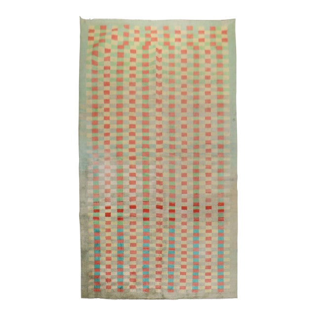 Mint Green Vintage Turkish Anatolian Deco Checkerboard Rug - 5'7" x 10'2" For Sale