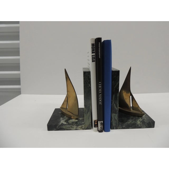 MCM Vintage Brass Sailing Boats and Green Marble Bookends - A Pair For Sale - Image 4 of 7
