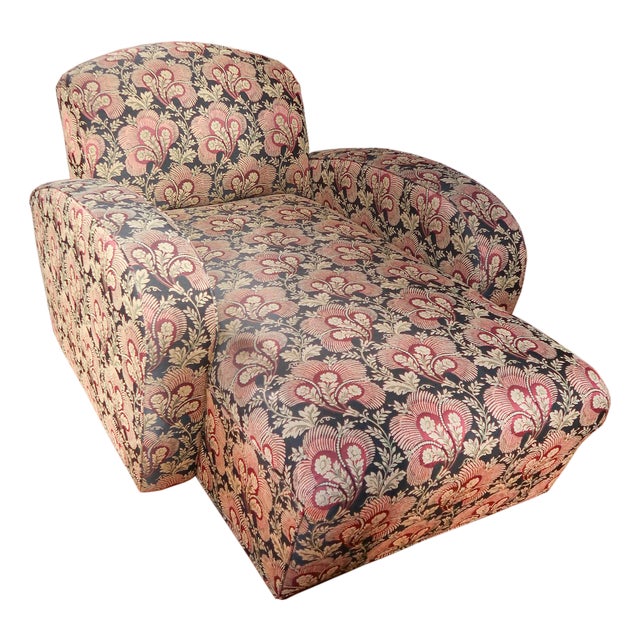 Vintage Upholstered Chaise Lounge With Botanical Fabric For Sale
