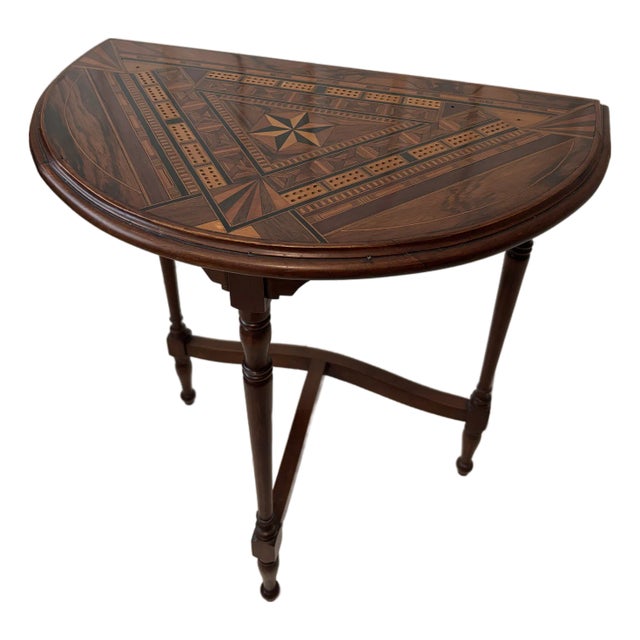 Colonial Revival Marquetry Demi‑Lune Game Table, C. 1930–1940 For Sale