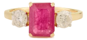 1900s Inspired 1.48 Ct Emerald-Cut 14k Gold Ruby Three Stone Ring With Diamonds, Size 6.5