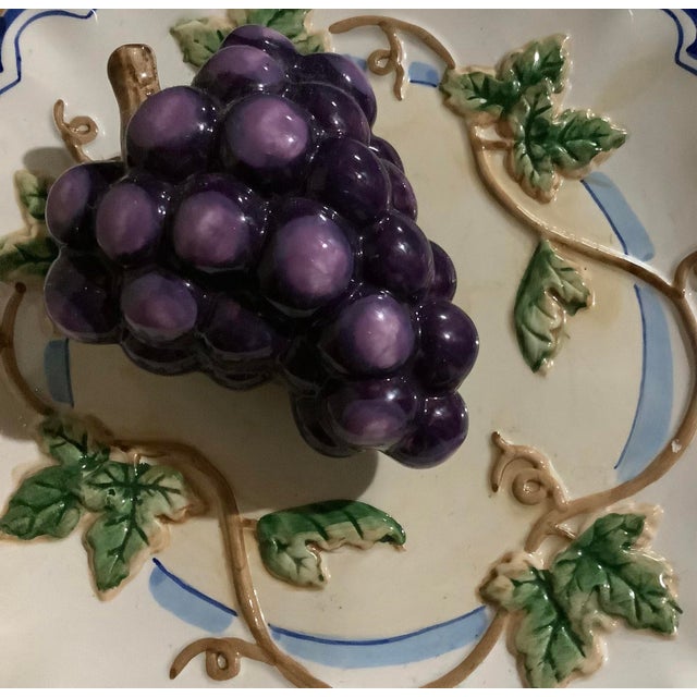 Realism Vintage Bella Casa by Ganz Trompe L’Oeil Blue and White Plaid 3d Fruit Grapes Plate For Sale - Image 3 of 6