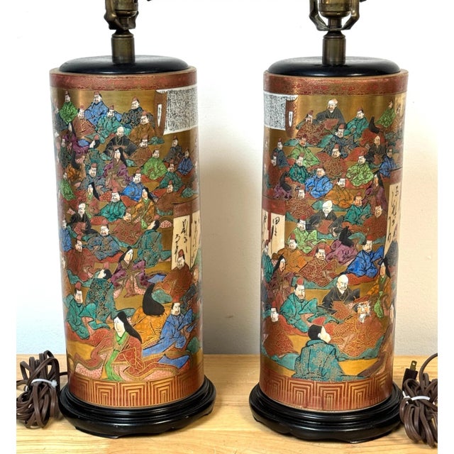 Orange Pair of Meiji Period Japanese Kutani Porcelain "100 Poems" Vases, Now as Lamps For Sale - Image 8 of 12