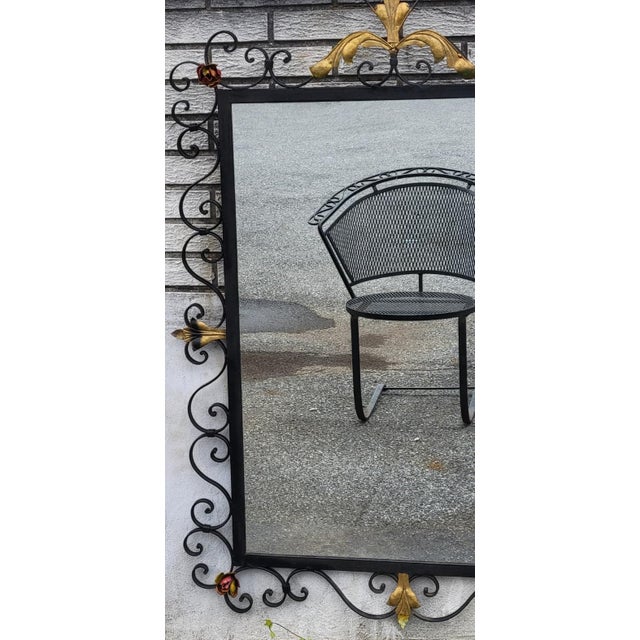 Vintage 1930s American Handmade Wrought Iron Wall Mirror Hand Painted Floral Dec For Sale In Philadelphia - Image 6 of 18
