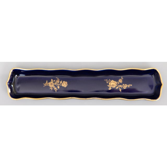 Ceramic Vintage French Limoges Cobalt Blue Gilt Floral Porcelain Pen Tray For Sale - Image 7 of 7