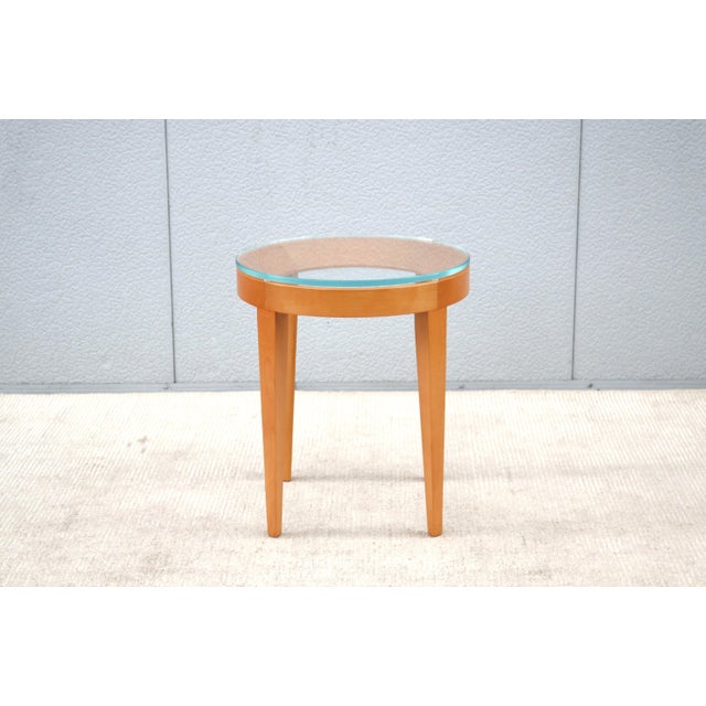 Fabulous Cirque Maple wood and clear glass top round occasional side table by Bernhardt Design. Features a 1/2" (13mm)...