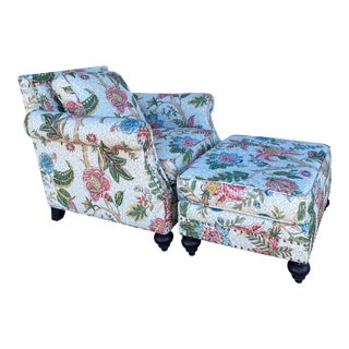 Bernhardt Club Chair and Ottoman in Floral and Leopard Fabric For Sale