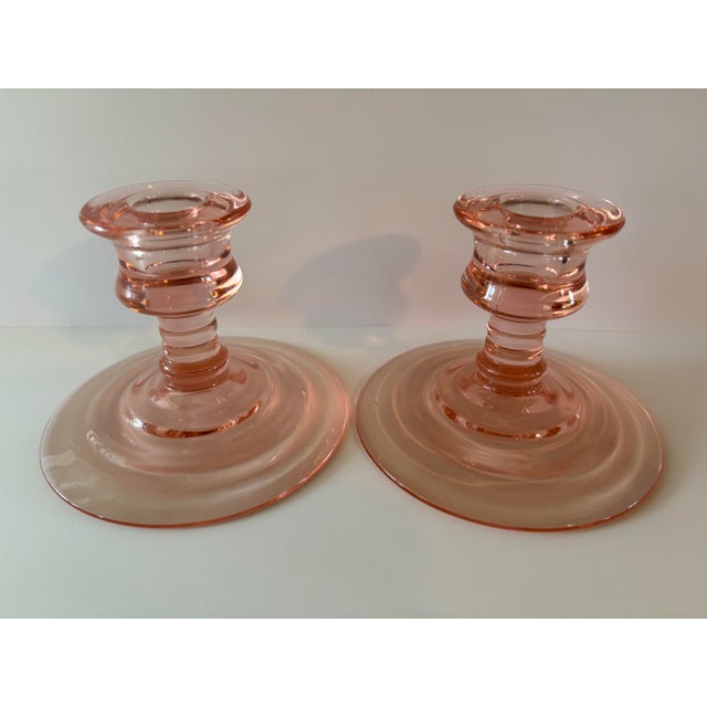 Vintage Pink Depression Glass Centerpiece Bowl With Etched Floral Motif & Matching Candlesticks – 3-Piece Set For Sale - Image 9 of 11
