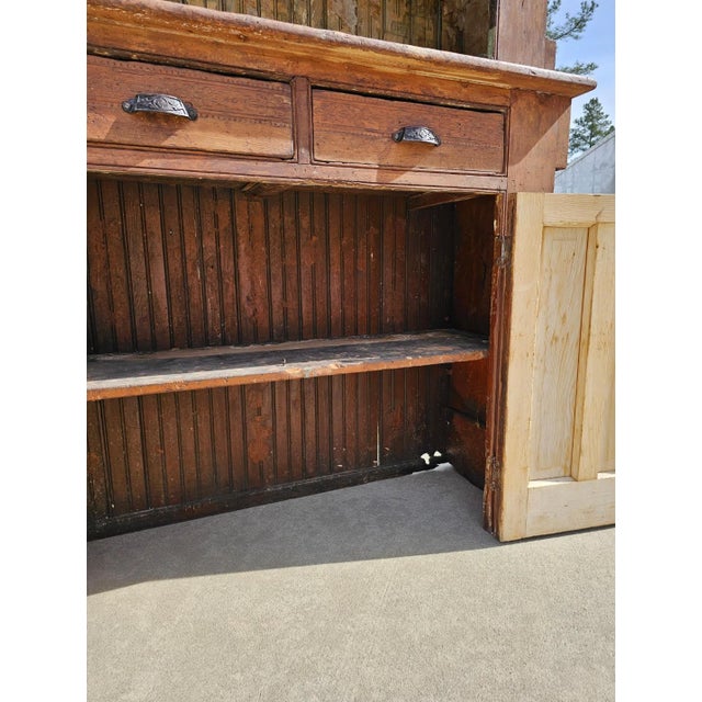 Wood Primitive Stepback Cupboard, Beadboard Back, Layers of Chippy Paint With a Warm Patina For Sale - Image 7 of 8