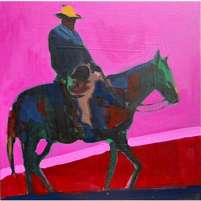 This 14 x 14 cowboy on his trusted steed brings to mind old cigarette ads and a time when rough was rough. The pink stripe...