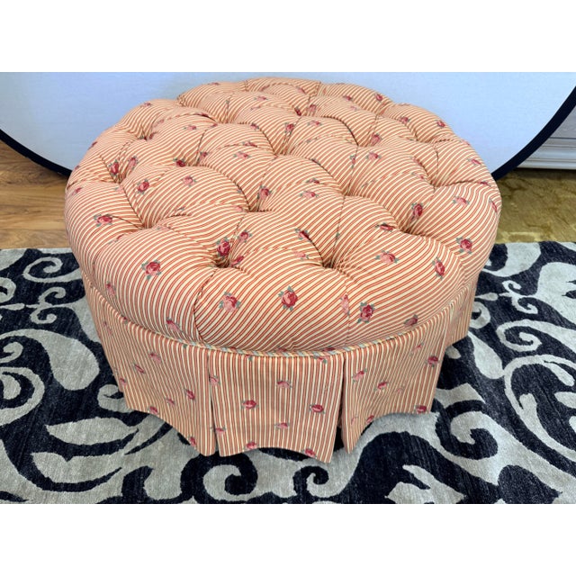 Elegantly upholstered in Scalamandre fabric is this custom Connecticut Home Interiors round tufted ottoman. Excellent...