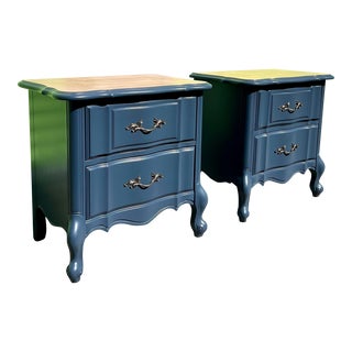 Refinished 1940s French Provisional Blue Walnut Wood Nightstands - Set of 2 For Sale
