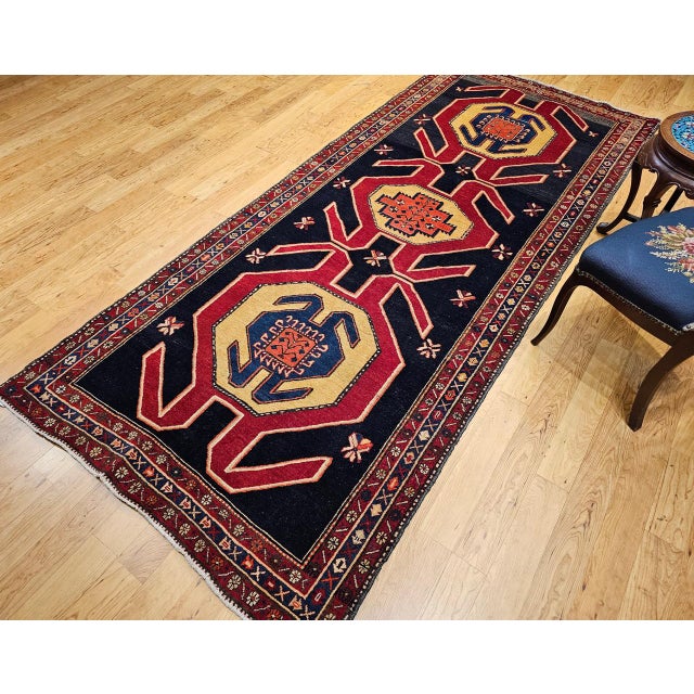 1900 - 1909 Antique Northwest Runner Rug, Hand-Knotted Wool, Geometric Medallions Pattern, 4x10, Navy & Red For Sale - Image 5 of 18