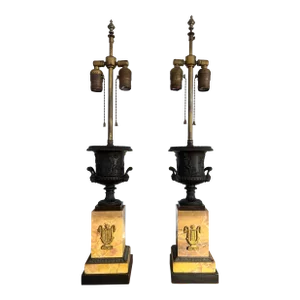 19th Century, French Grand Tour "4 Seasons" Bronze & Sienna Marble Urn Lamps
